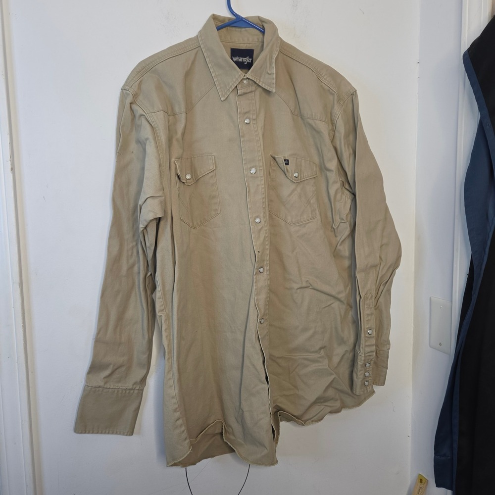 Wrangler Mens Western‎ Snap Shirt Khaki Tan Twill Long Sleeve Pearl Snap XL Lg
